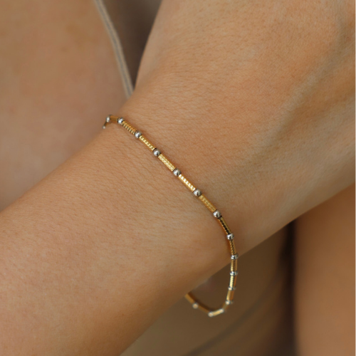 Balls and Diamond Cut Stick Bracelet Two Tone