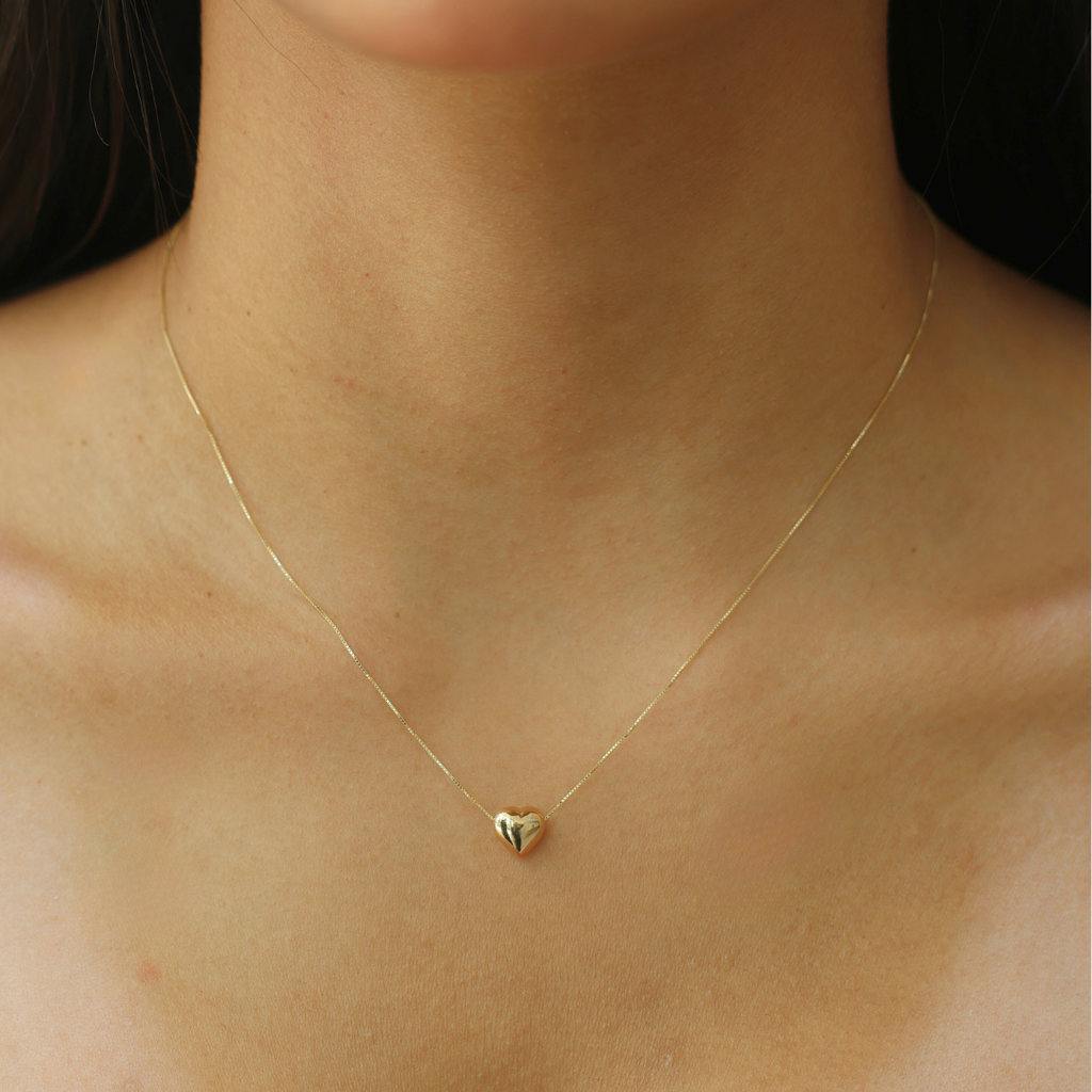 Yellow Gold Heart Puff Necklace