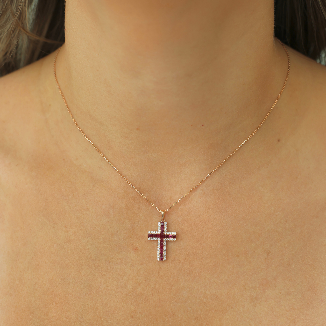 Diamond and Rubi Cross Necklace
